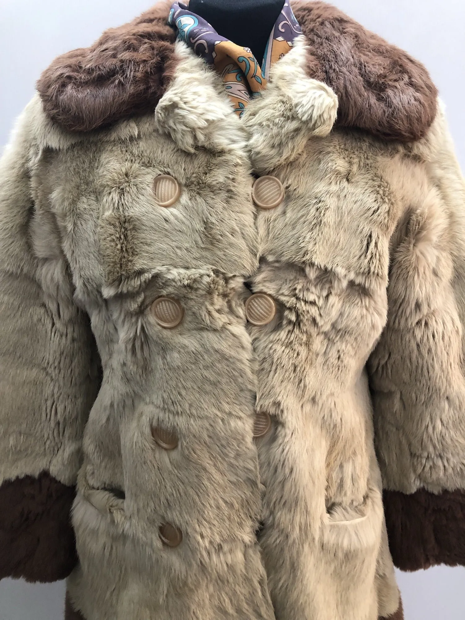 1970s Coney Fur Jacket in Cream and Brown - Size UK 10