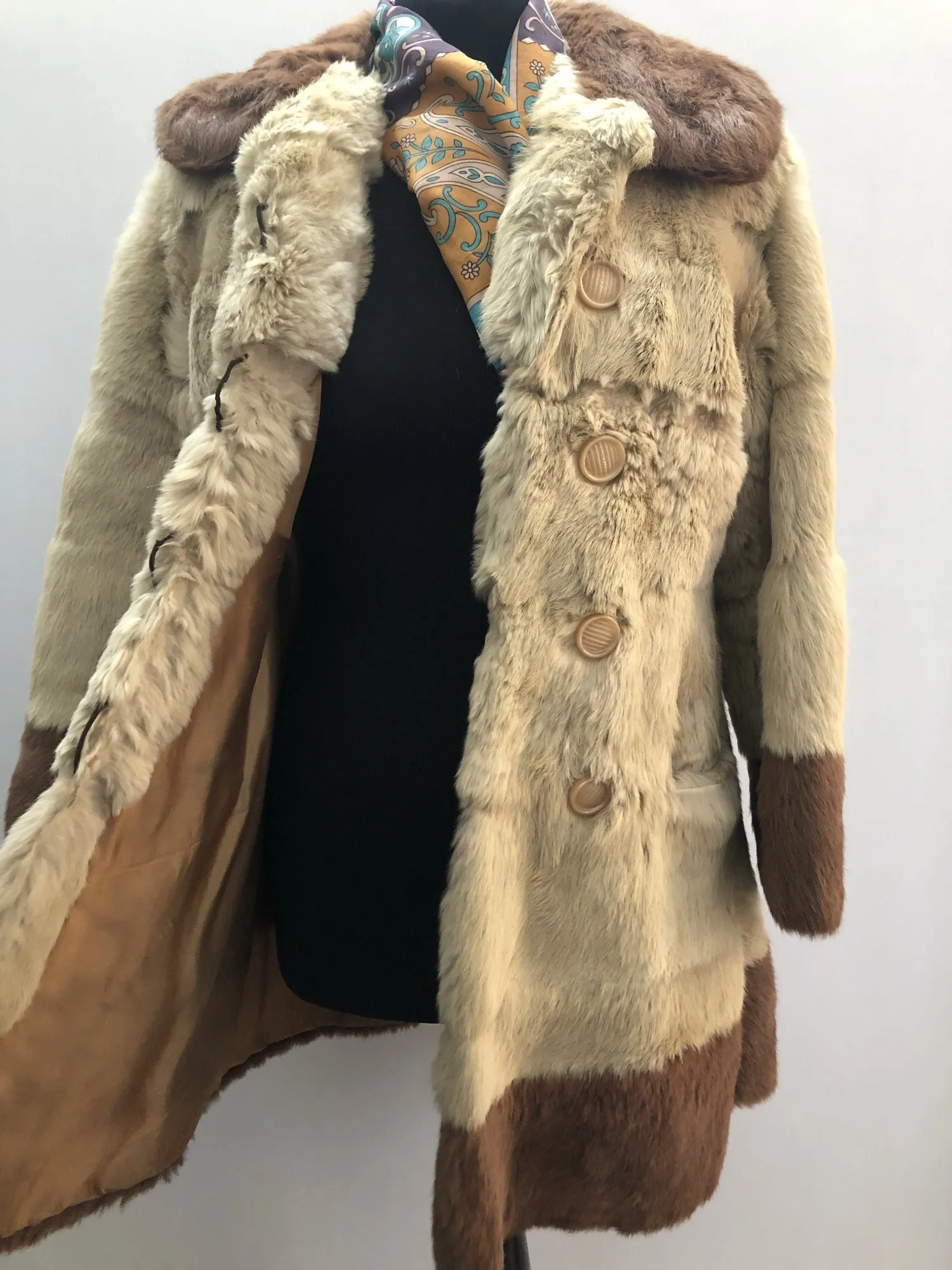 1970s Coney Fur Jacket in Cream and Brown - Size UK 10