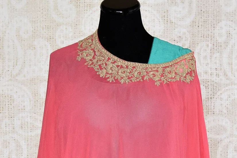 501393- Blue Georgette Floor Length Dress Suit with Pink Poncho Top
