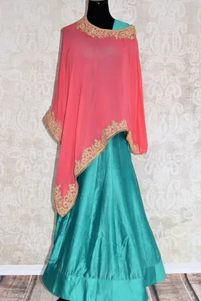501393- Blue Georgette Floor Length Dress Suit with Pink Poncho Top