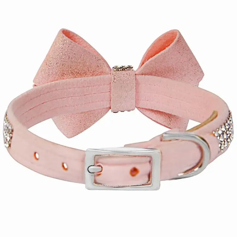 Bearwood Essentials Susan Lanci Glitzerati Nouveau Bow 3-Row Giltmore Pink Dog Collar | Luxury Dog Bow Collar with Fine Crystals | Classy and Timeless Puppy Bow Tie Collar for Your Stylish Pup
