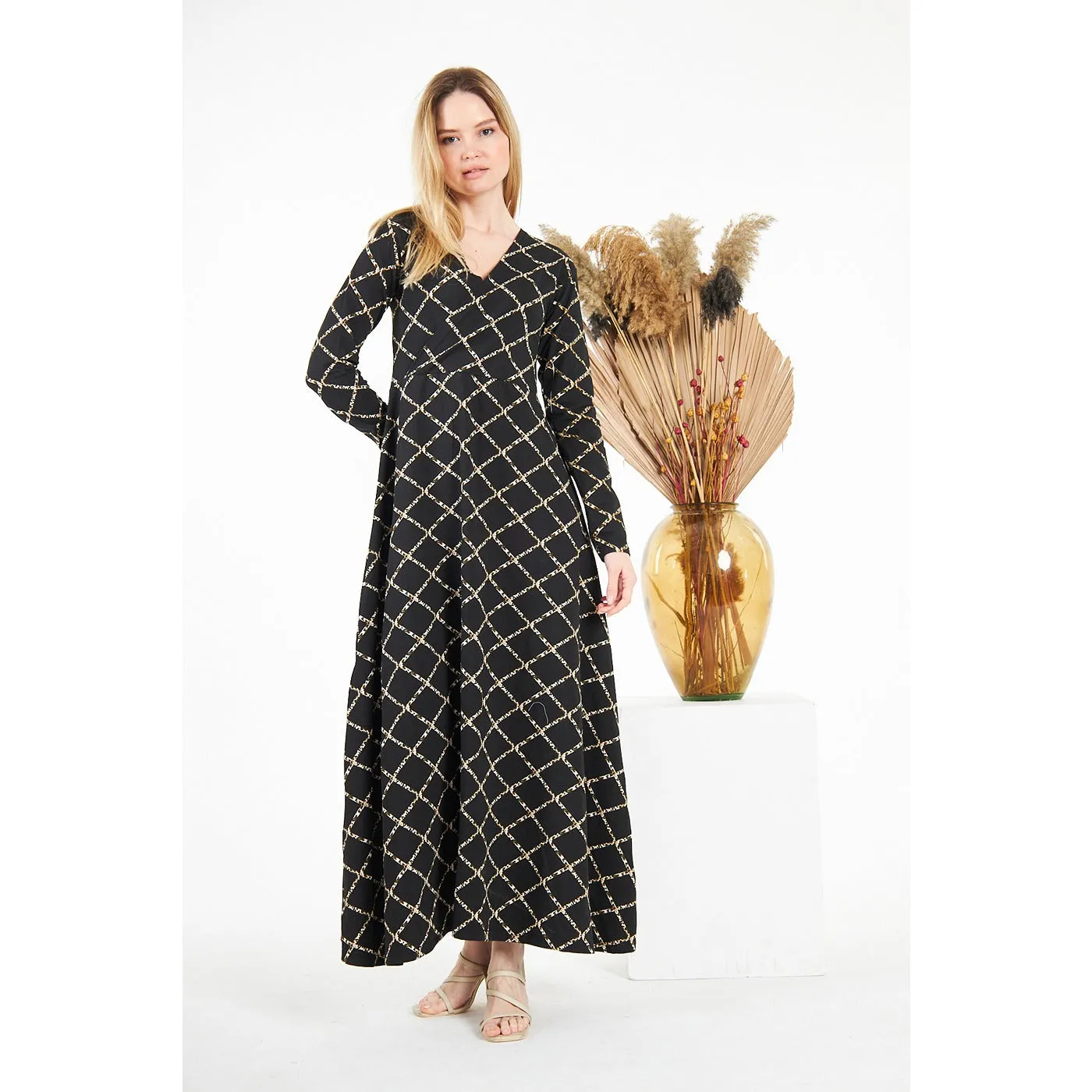 Black Pattern Printed Long Dress