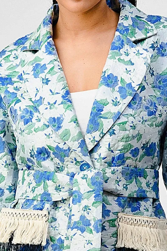 Blue Floral Tassel Long Overcoat