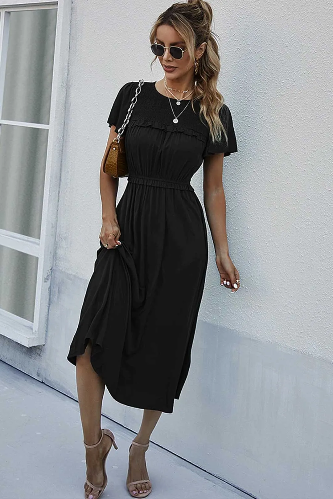 Boho Midi Dress, Ruffle Grace in Black