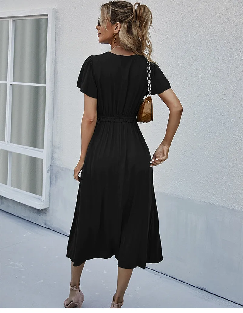 Boho Midi Dress, Ruffle Grace in Black