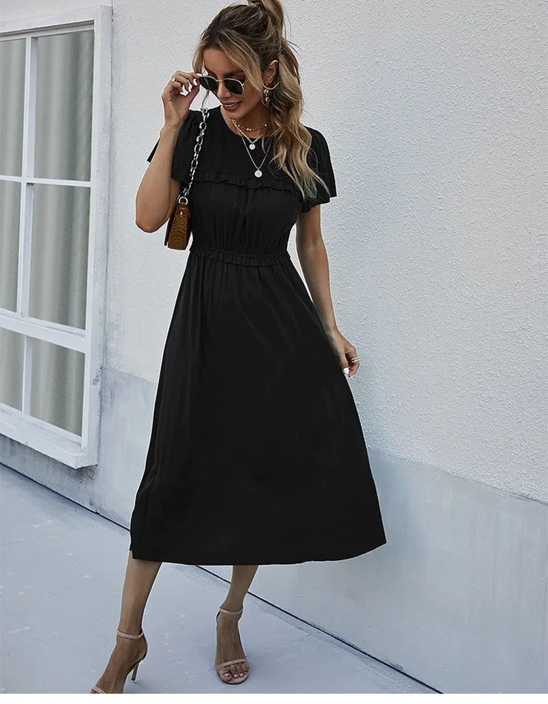 Boho Midi Dress, Ruffle Grace in Black