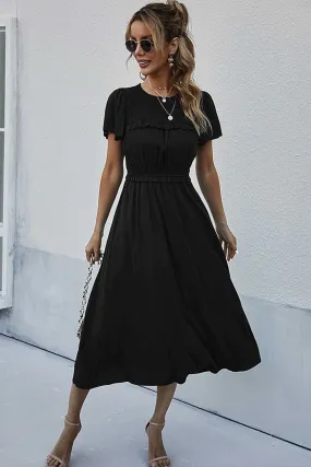 Boho Midi Dress, Ruffle Grace in Black