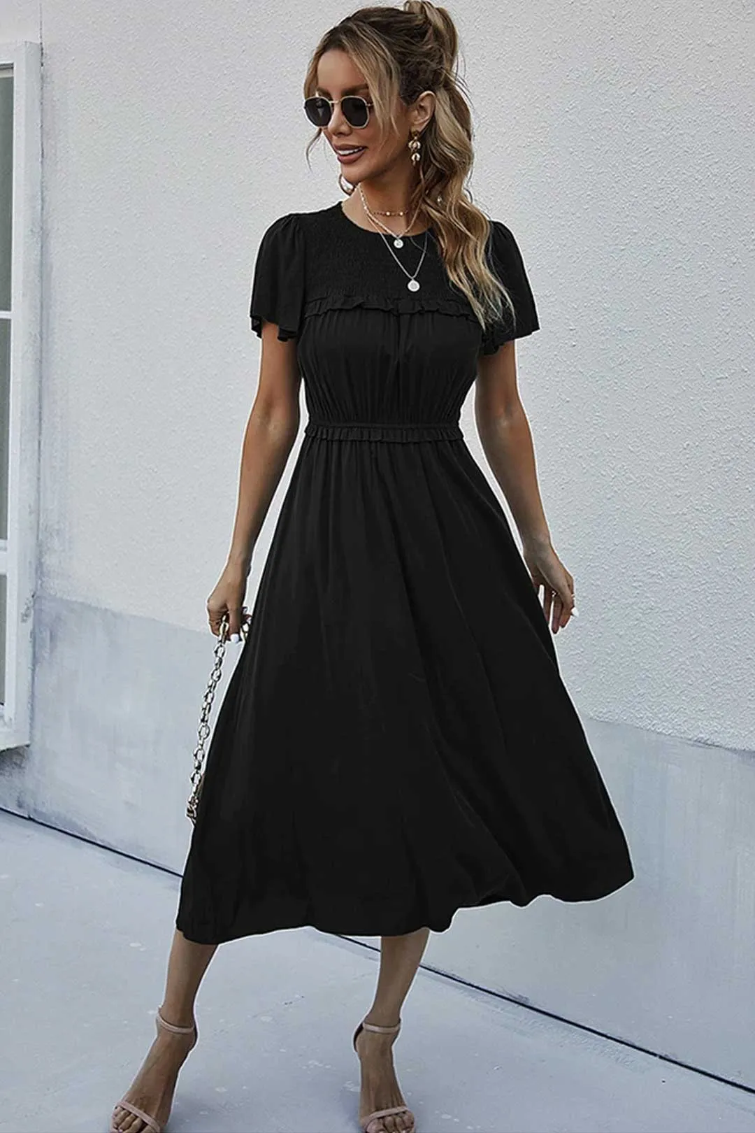 Boho Midi Dress, Ruffle Grace in Black