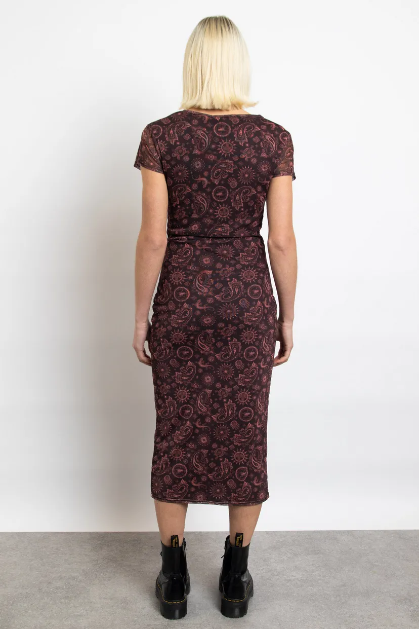 Burgundy Paisley Mesh Short Sleeve Midi Dress