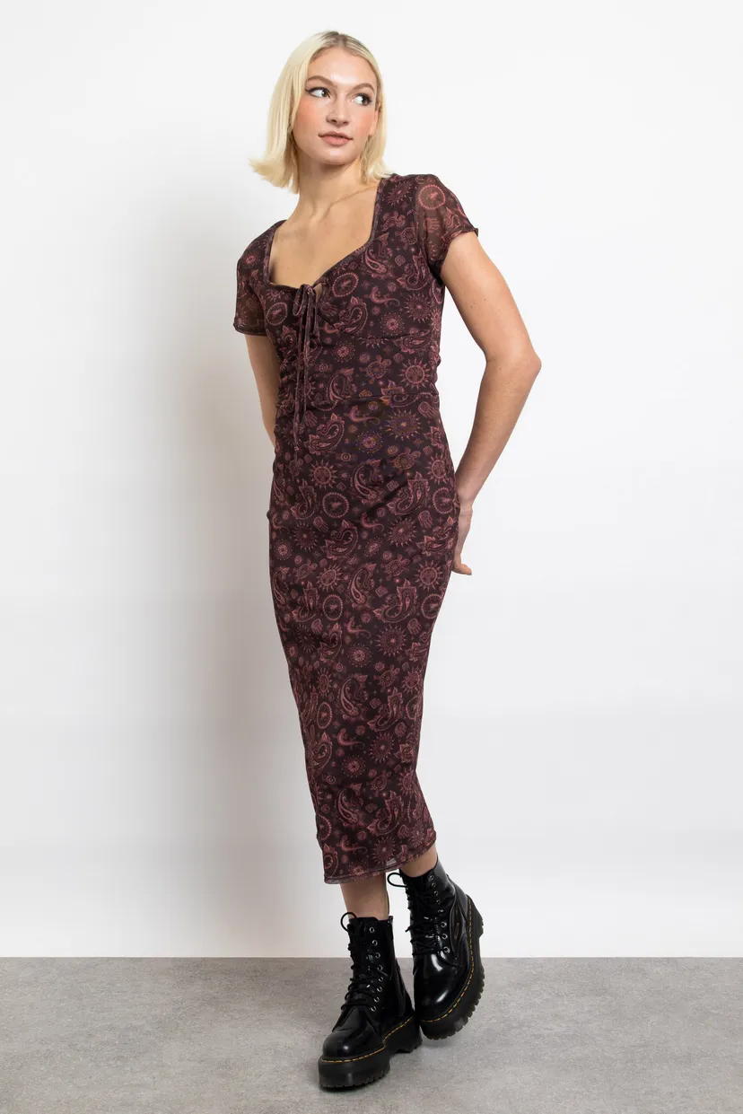 Burgundy Paisley Mesh Short Sleeve Midi Dress