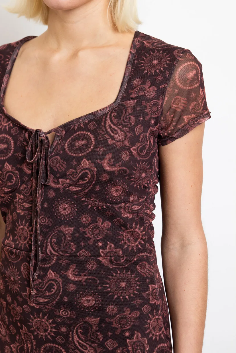 Burgundy Paisley Mesh Short Sleeve Midi Dress