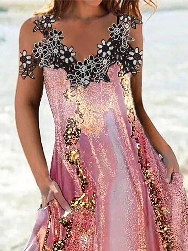 Casual Dress Lace Dress Swing Dress Ombre Marble Print Lace Patchwork Strap Midi Dress Fashion Streetwear Outdoor Date Sleeveless Loose Fit Pink Summer Spring S M L XL XXL for Women
