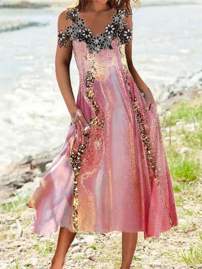 Casual Dress Lace Dress Swing Dress Ombre Marble Print Lace Patchwork Strap Midi Dress Fashion Streetwear Outdoor Date Sleeveless Loose Fit Pink Summer Spring S M L XL XXL for Women