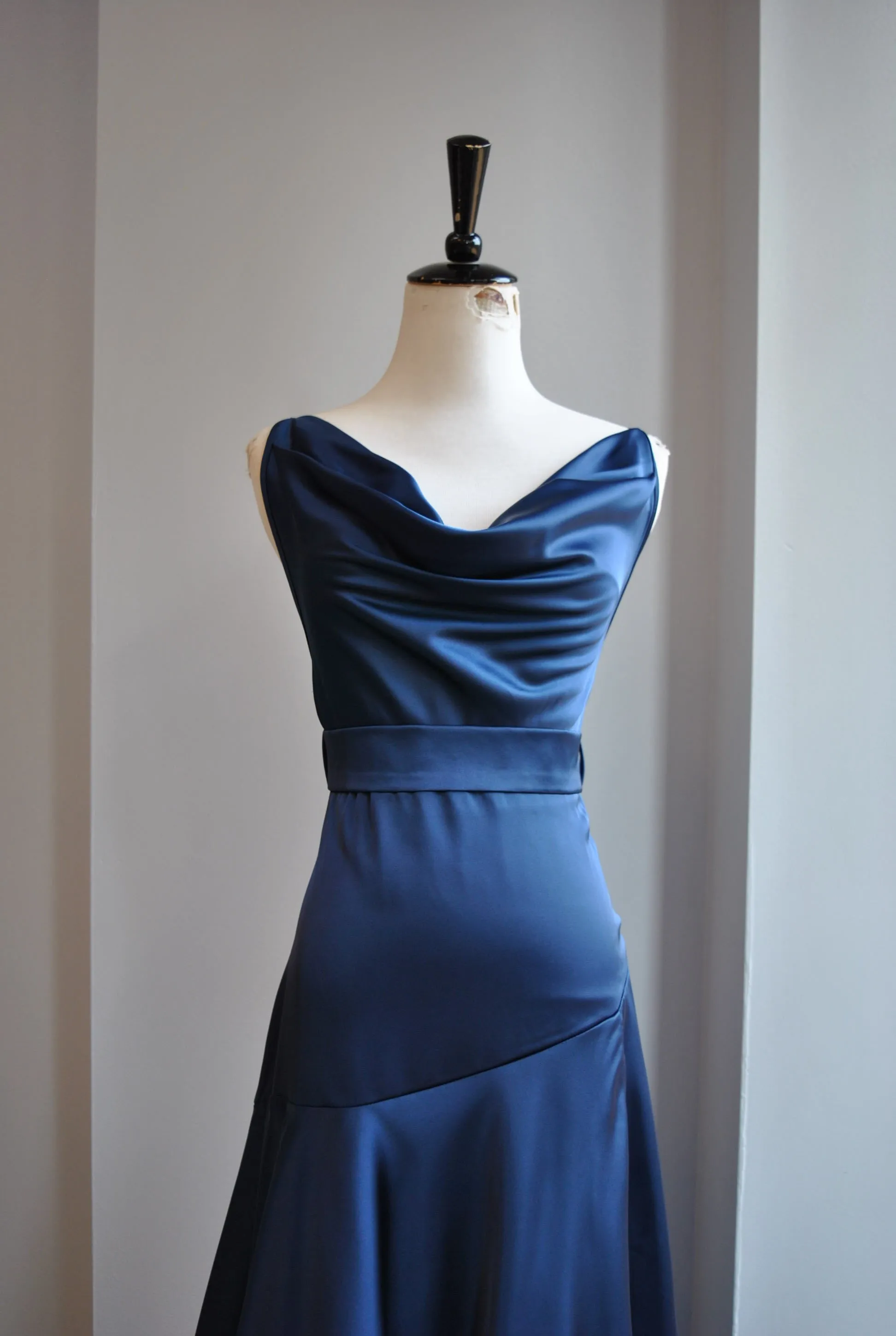 CLEARANCE - NAVY BLUE SILKY LONG DRESS WITH OPEN BACK AND SIDE SLIT