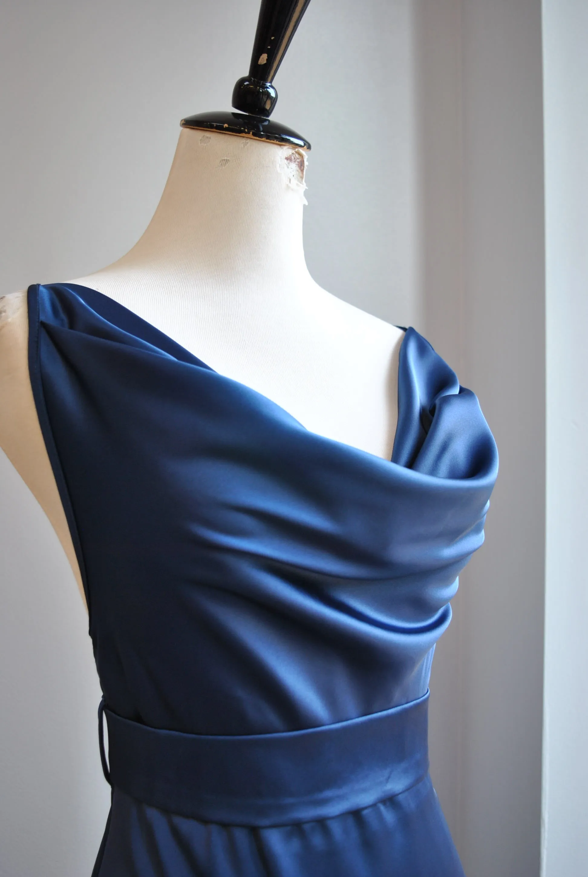 CLEARANCE - NAVY BLUE SILKY LONG DRESS WITH OPEN BACK AND SIDE SLIT