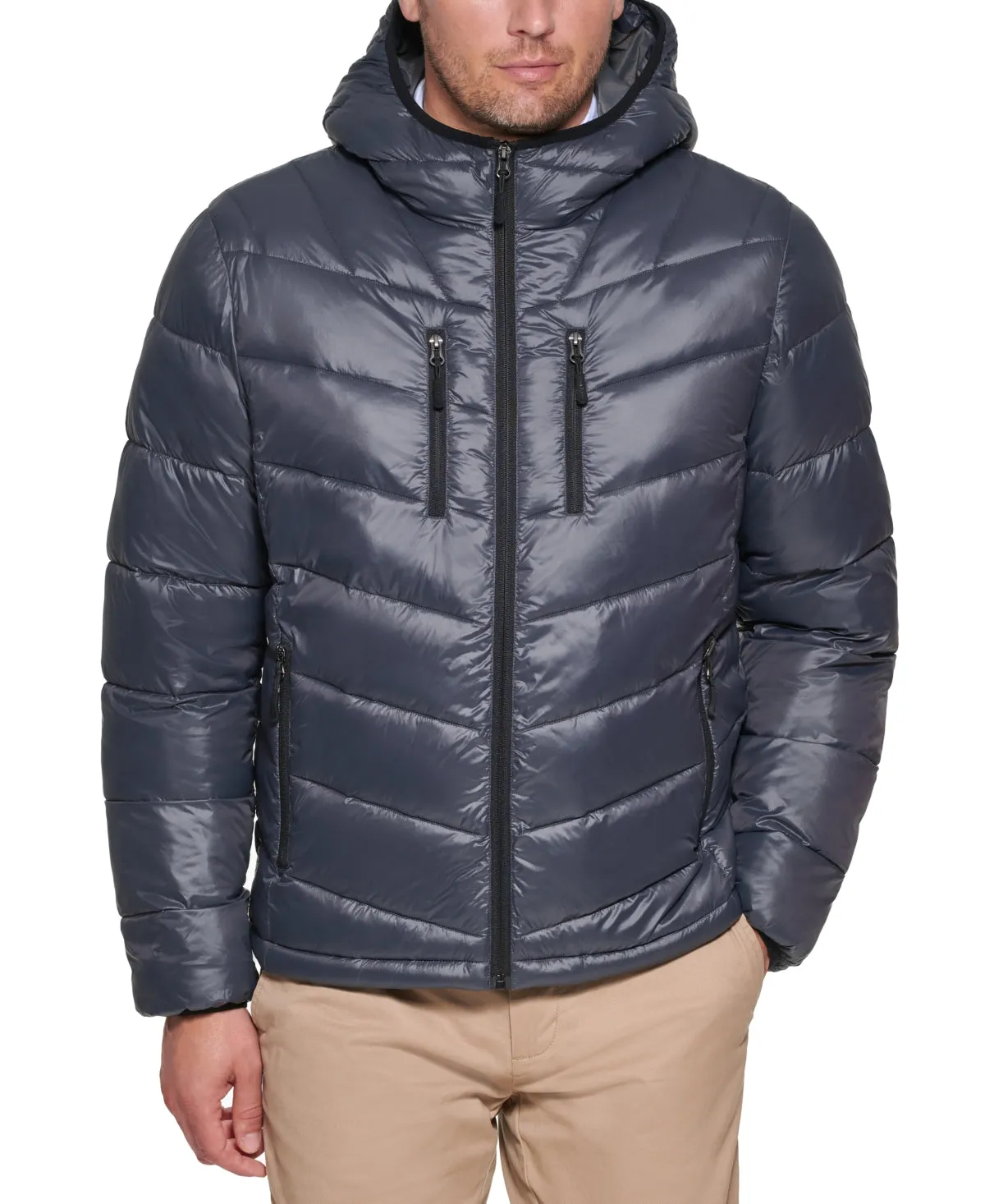 Club Room Mens Puffer Jacket Coat Medium Grey Hooded Solid