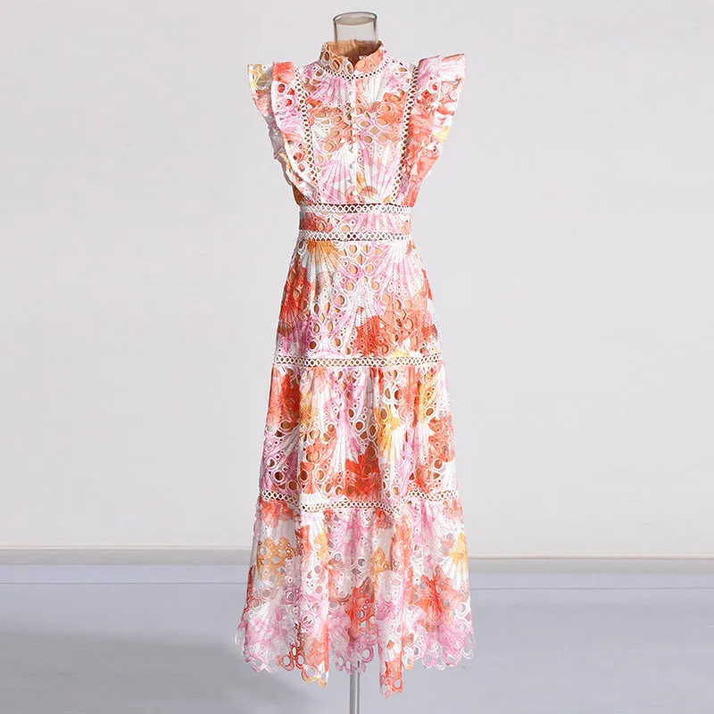 Colorblock Hollow-Out Empire Waist Dress with Flying Sleeves