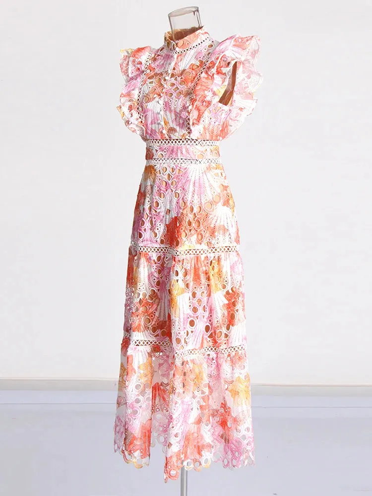 Colorblock Hollow-Out Empire Waist Dress with Flying Sleeves