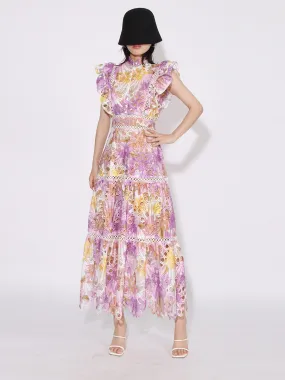 Colorblock Hollow-Out Empire Waist Dress with Flying Sleeves