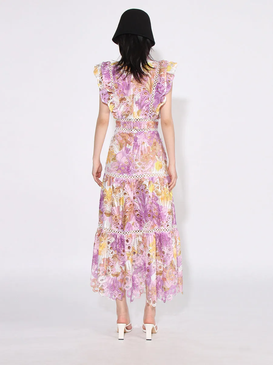 Colorblock Hollow-Out Empire Waist Dress with Flying Sleeves