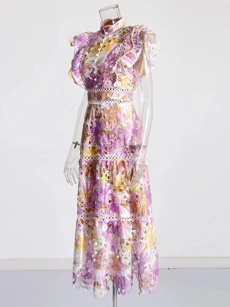 Colorblock Hollow-Out Empire Waist Dress with Flying Sleeves