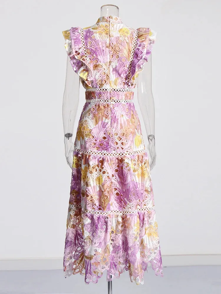 Colorblock Hollow-Out Empire Waist Dress with Flying Sleeves