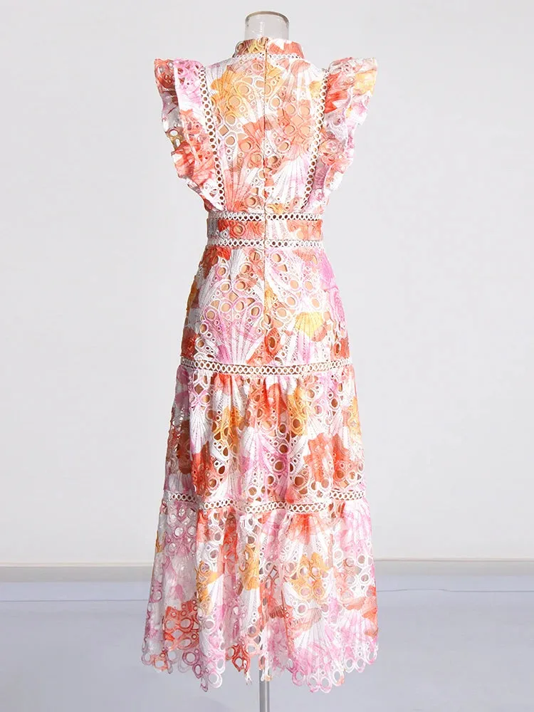 Colorblock Hollow-Out Empire Waist Dress with Flying Sleeves