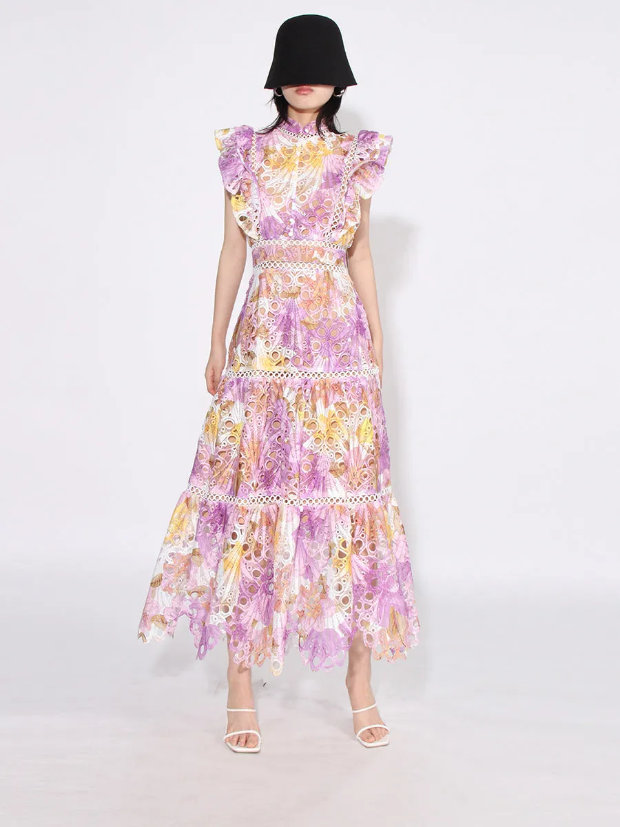 Colorblock Hollow-Out Empire Waist Dress with Flying Sleeves