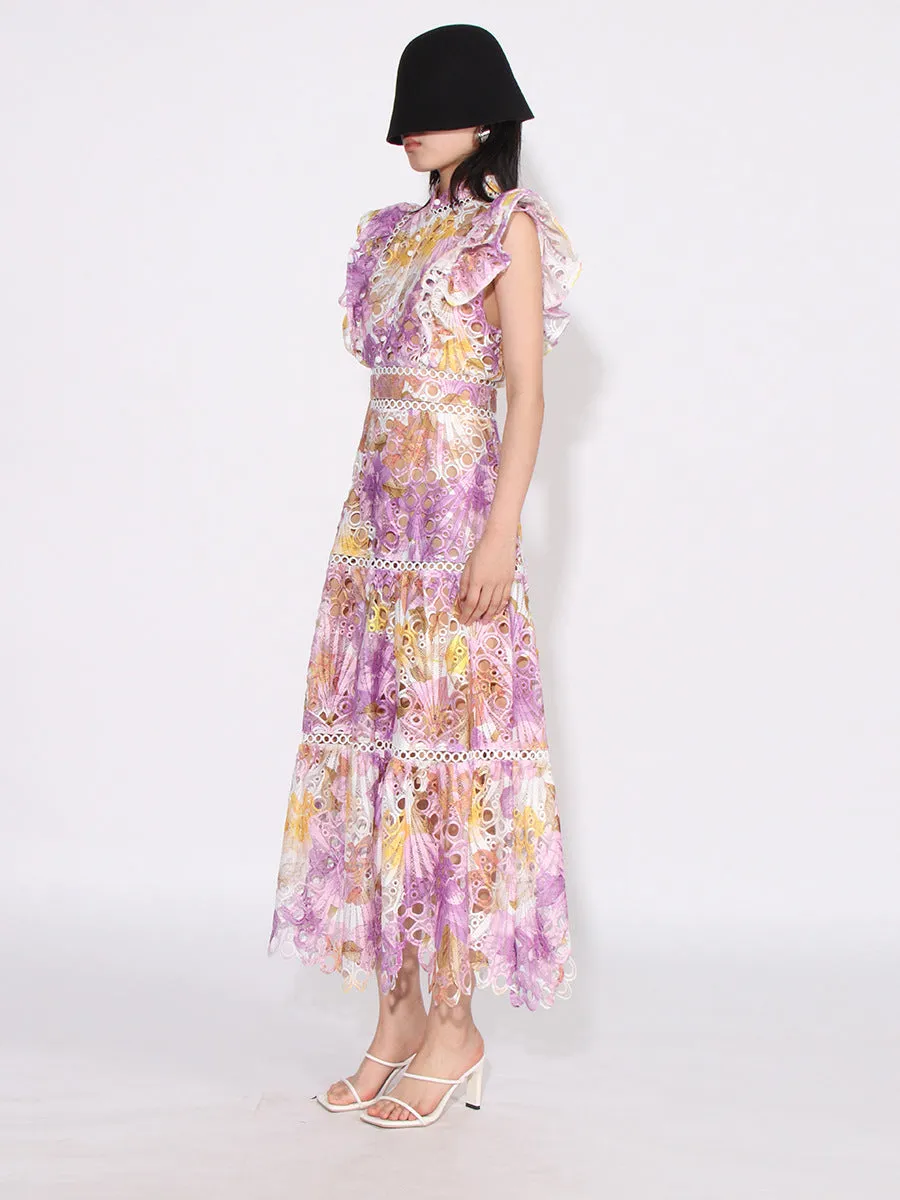 Colorblock Hollow-Out Empire Waist Dress with Flying Sleeves