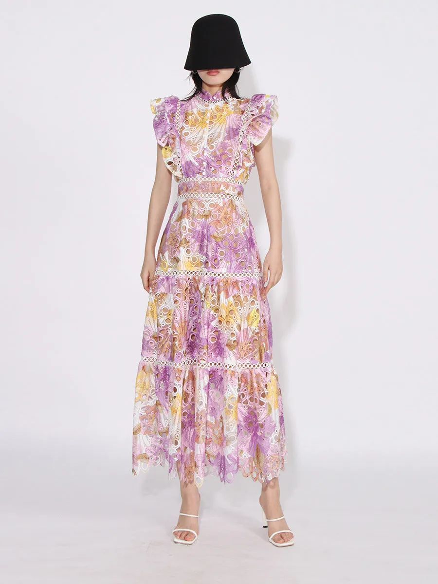 Colorblock Hollow-Out Empire Waist Dress with Flying Sleeves