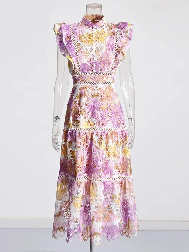 Colorblock Hollow-Out Empire Waist Dress with Flying Sleeves