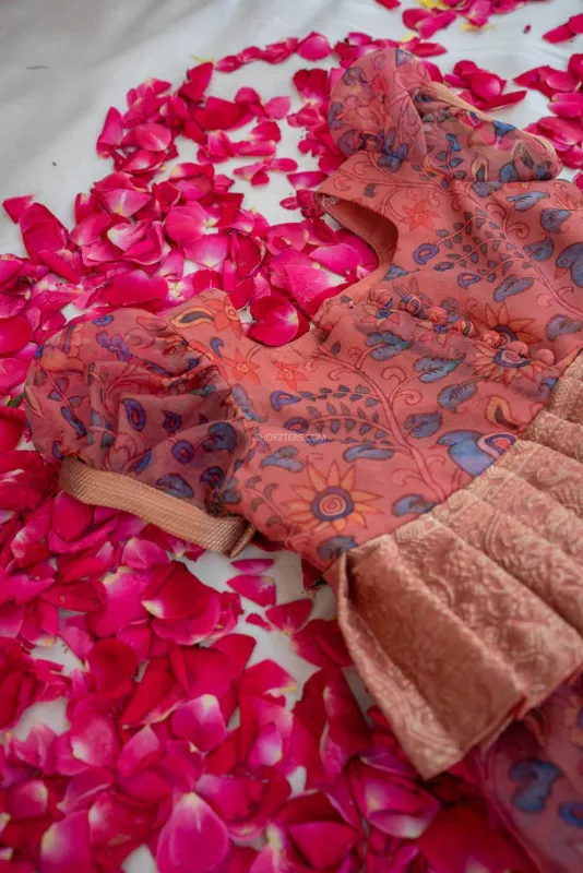 Coral Peach Kalamkari Top & Skirt