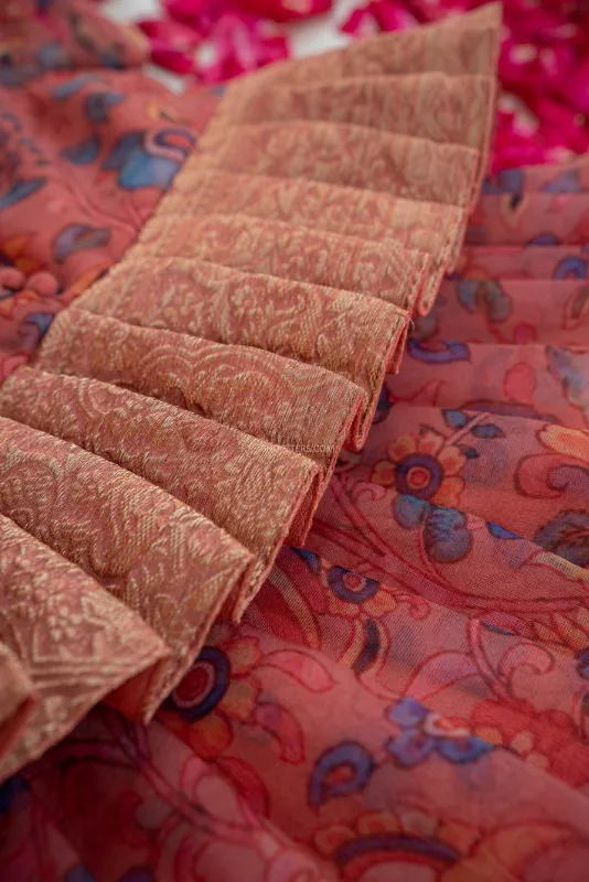 Coral Peach Kalamkari Top & Skirt