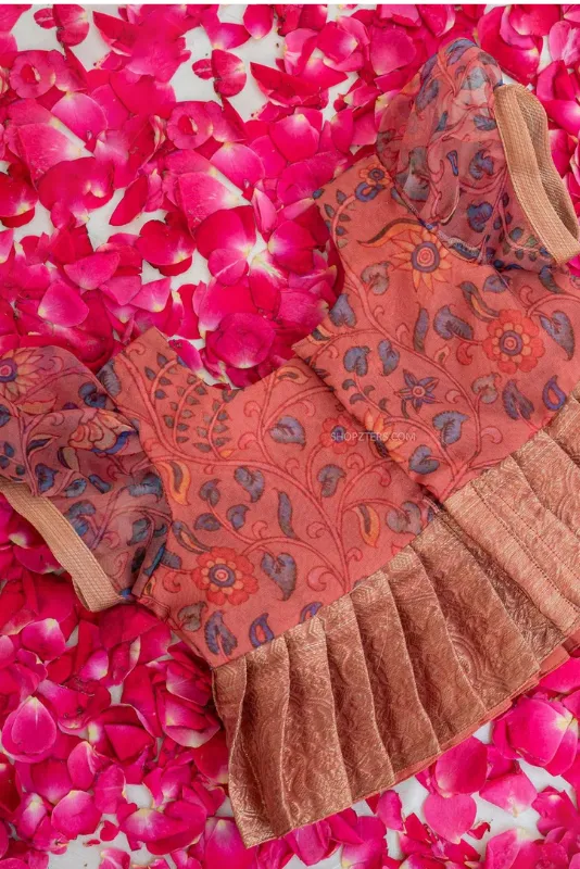 Coral Peach Kalamkari Top & Skirt