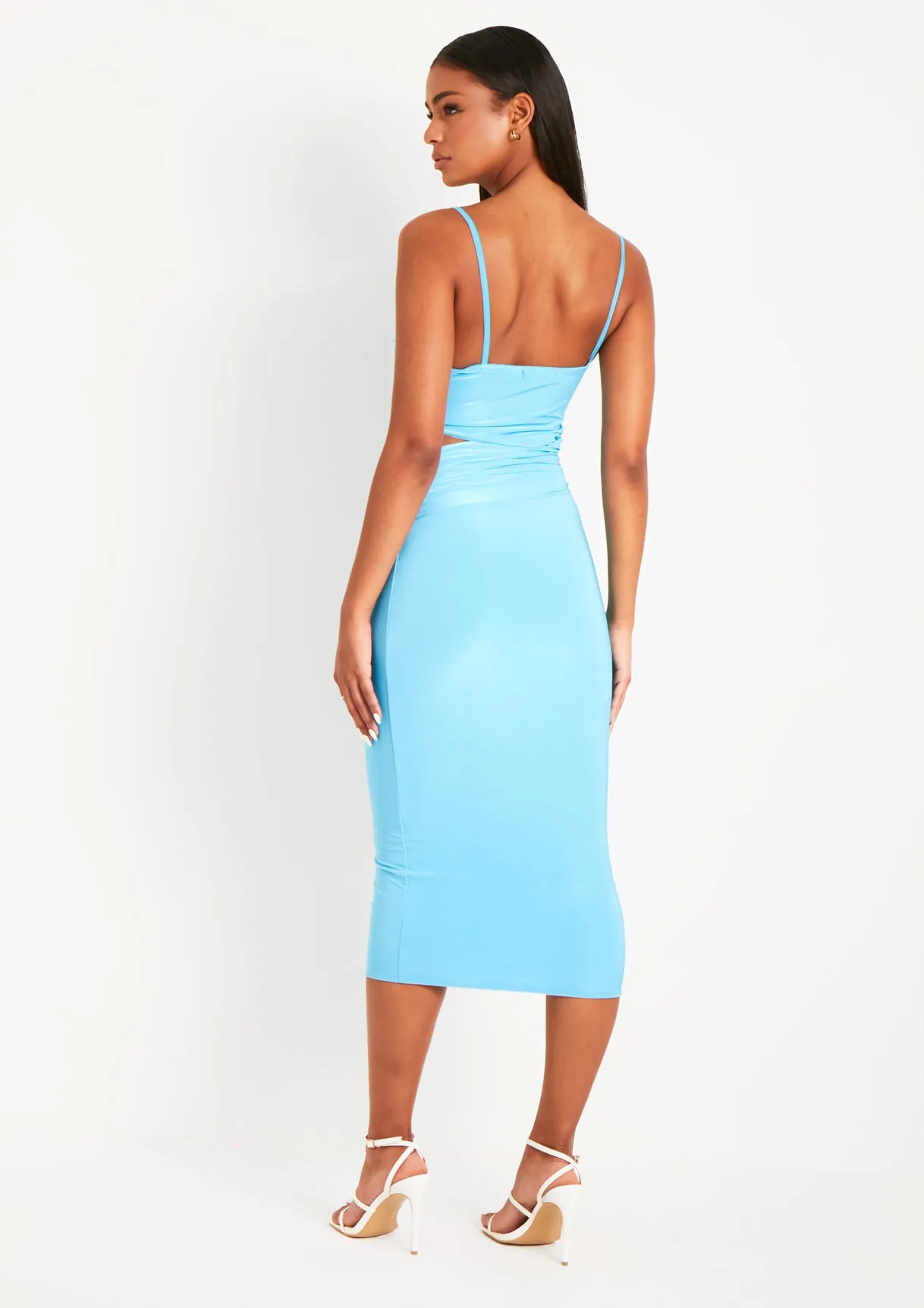 Corinne Baby Blue Gathered Cut Out Midi Dress