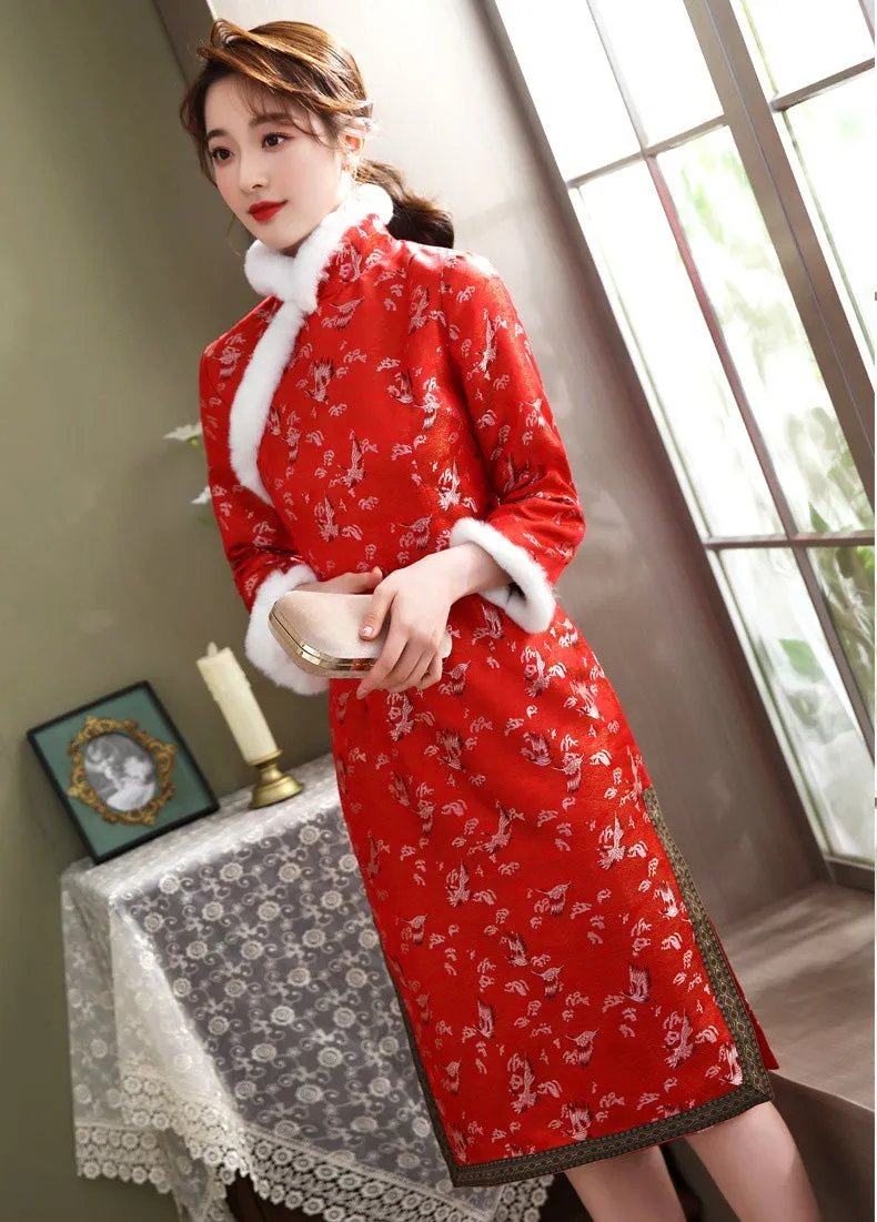 Crane Pattern Brocade Fur Edge Traditional Cheongsam Wadded Chinese Dress