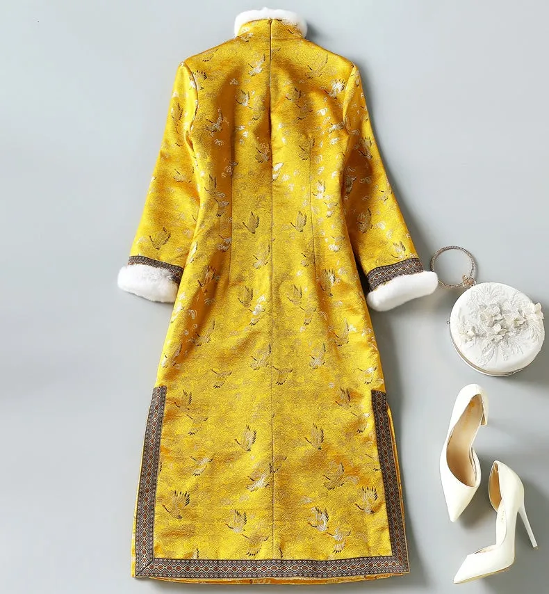 Crane Pattern Brocade Fur Edge Traditional Cheongsam Wadded Chinese Dress