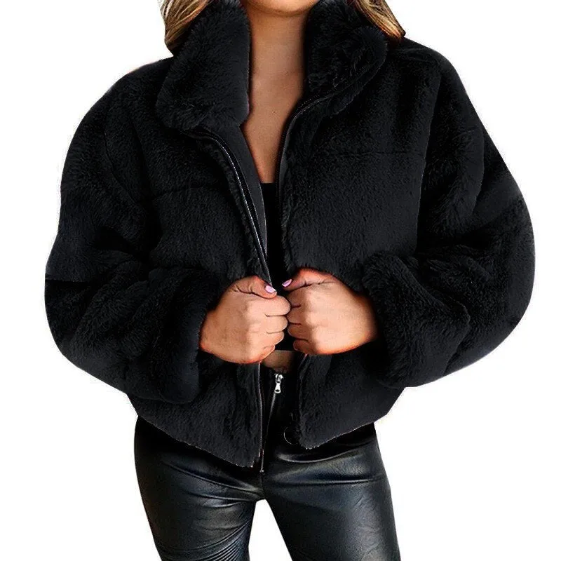 Cropped Fluffy Faux Fur Overcoat