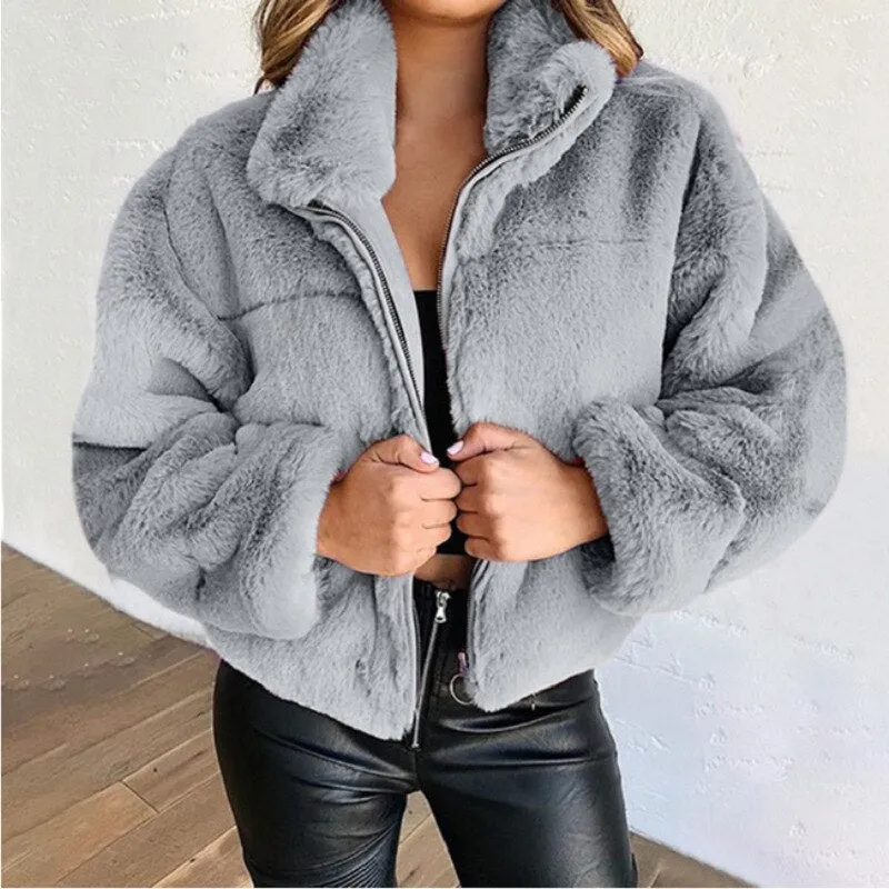 Cropped Fluffy Faux Fur Overcoat