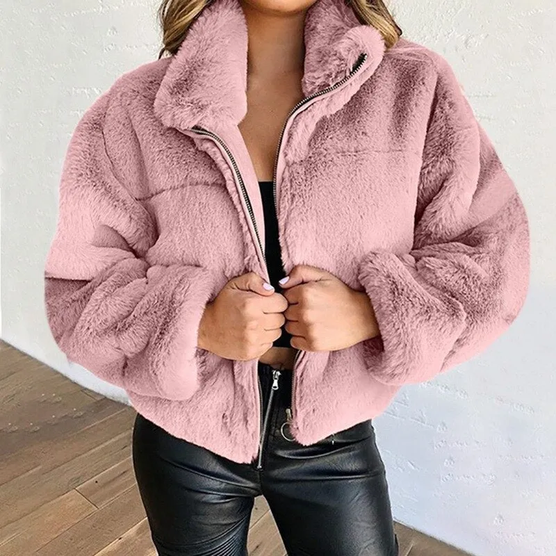 Cropped Fluffy Faux Fur Overcoat