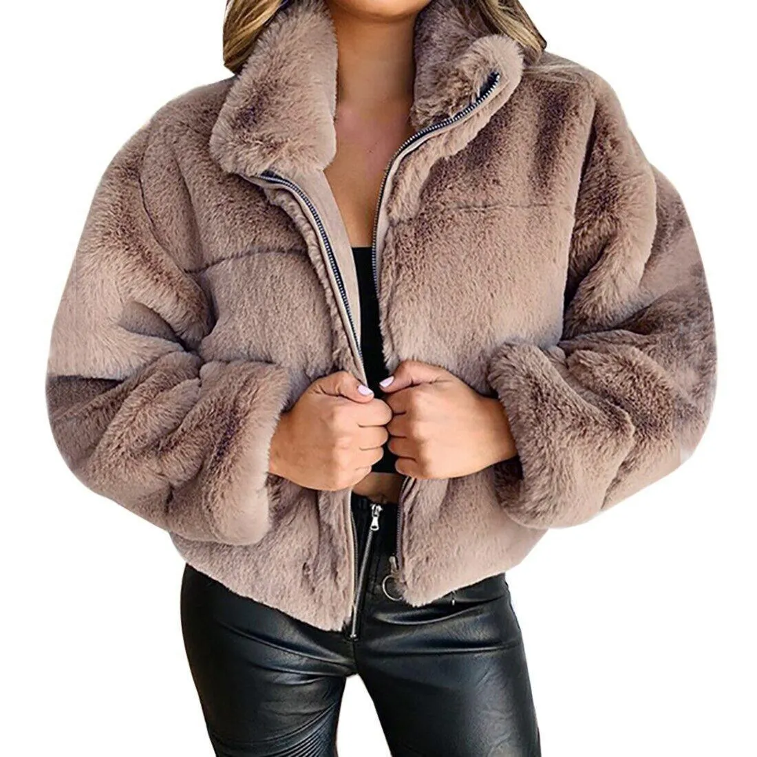Cropped Fluffy Faux Fur Overcoat