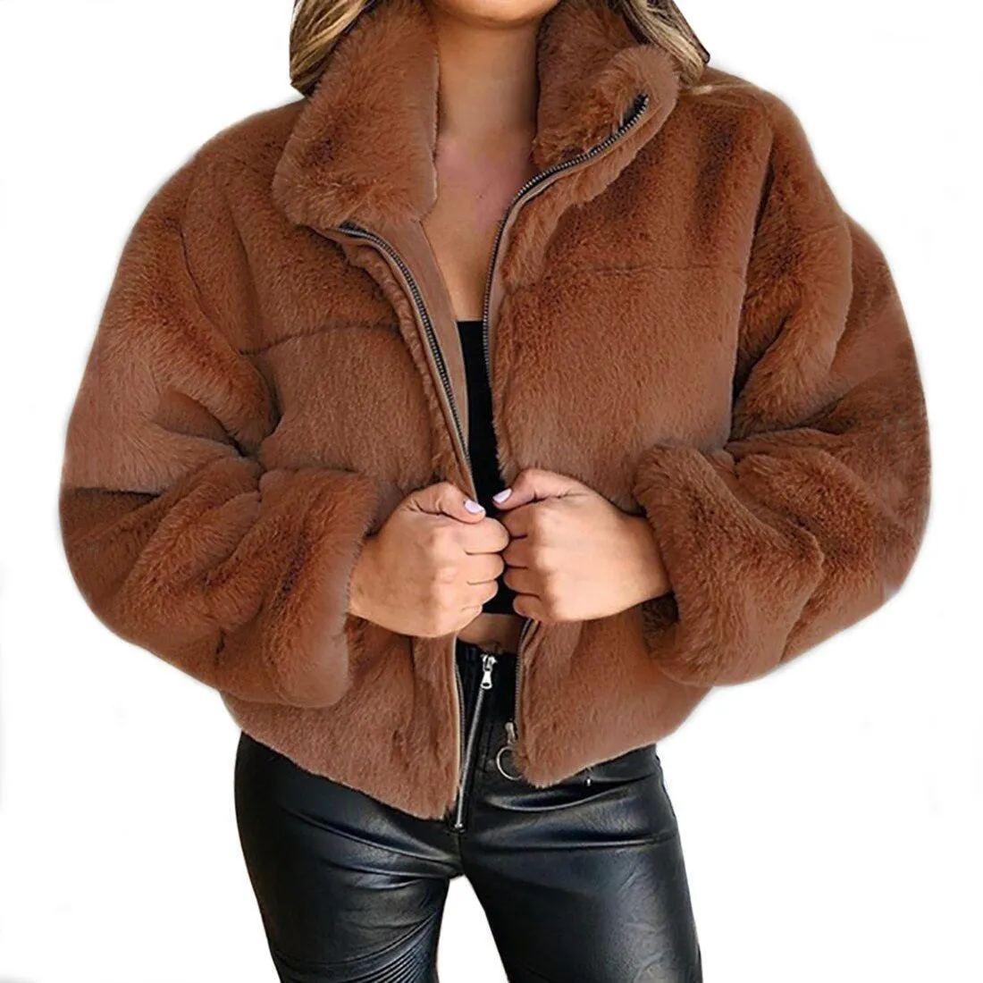 Cropped Fluffy Faux Fur Overcoat