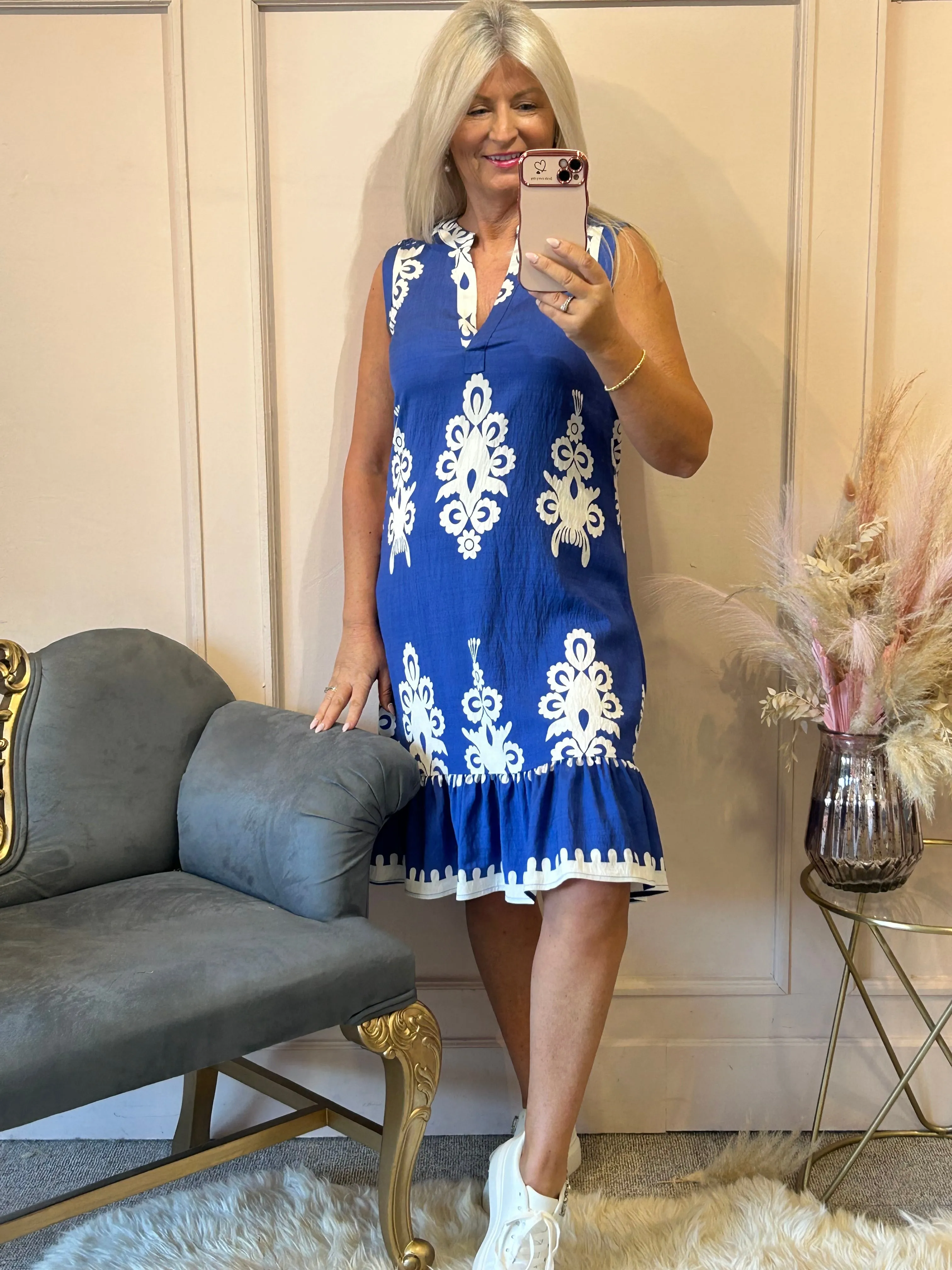 Damask Design Sleeveless Midi Dress - Blue