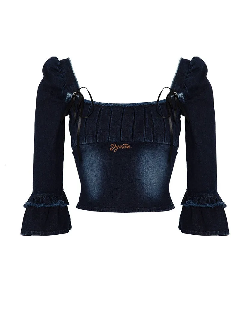 Denim Puff Sleeve Top & Pleated Skirt