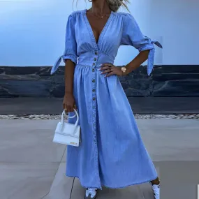 Elegant V-neck Buttons Down Denim Midi Dress