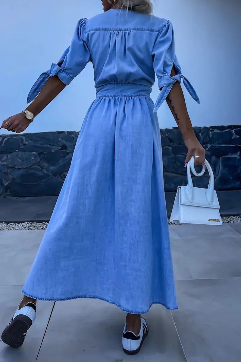 Elegant V-neck Buttons Down Denim Midi Dress