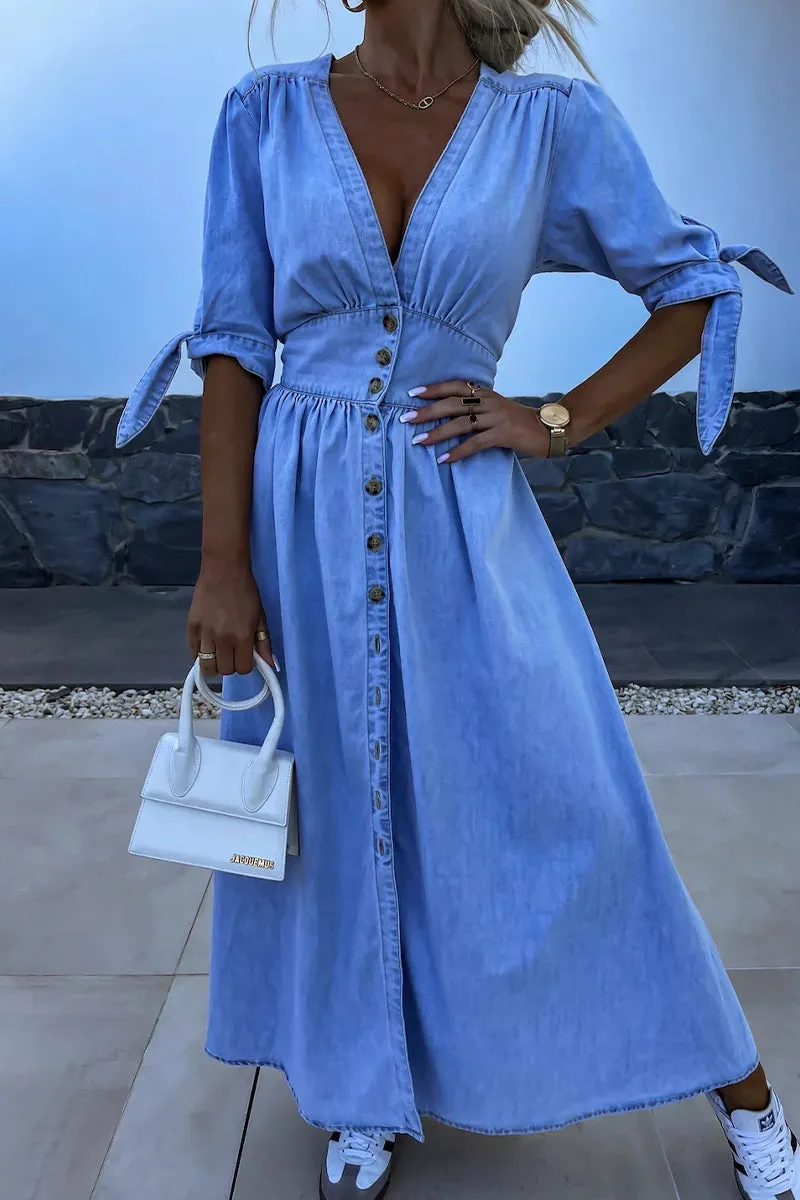 Elegant V-neck Buttons Down Denim Midi Dress