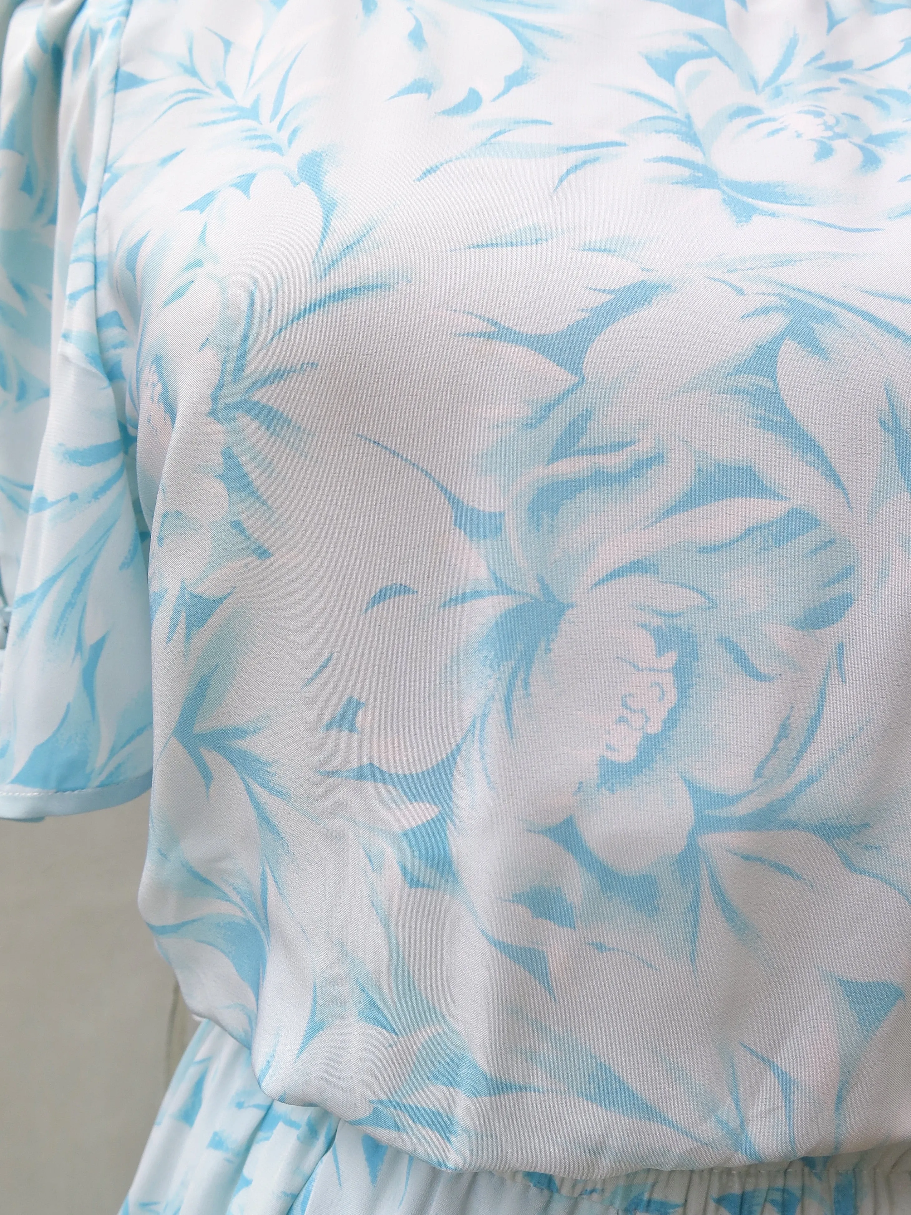 Elsa | Vintage 1950s 1969s Ethereal light blue rose print chiffon dress