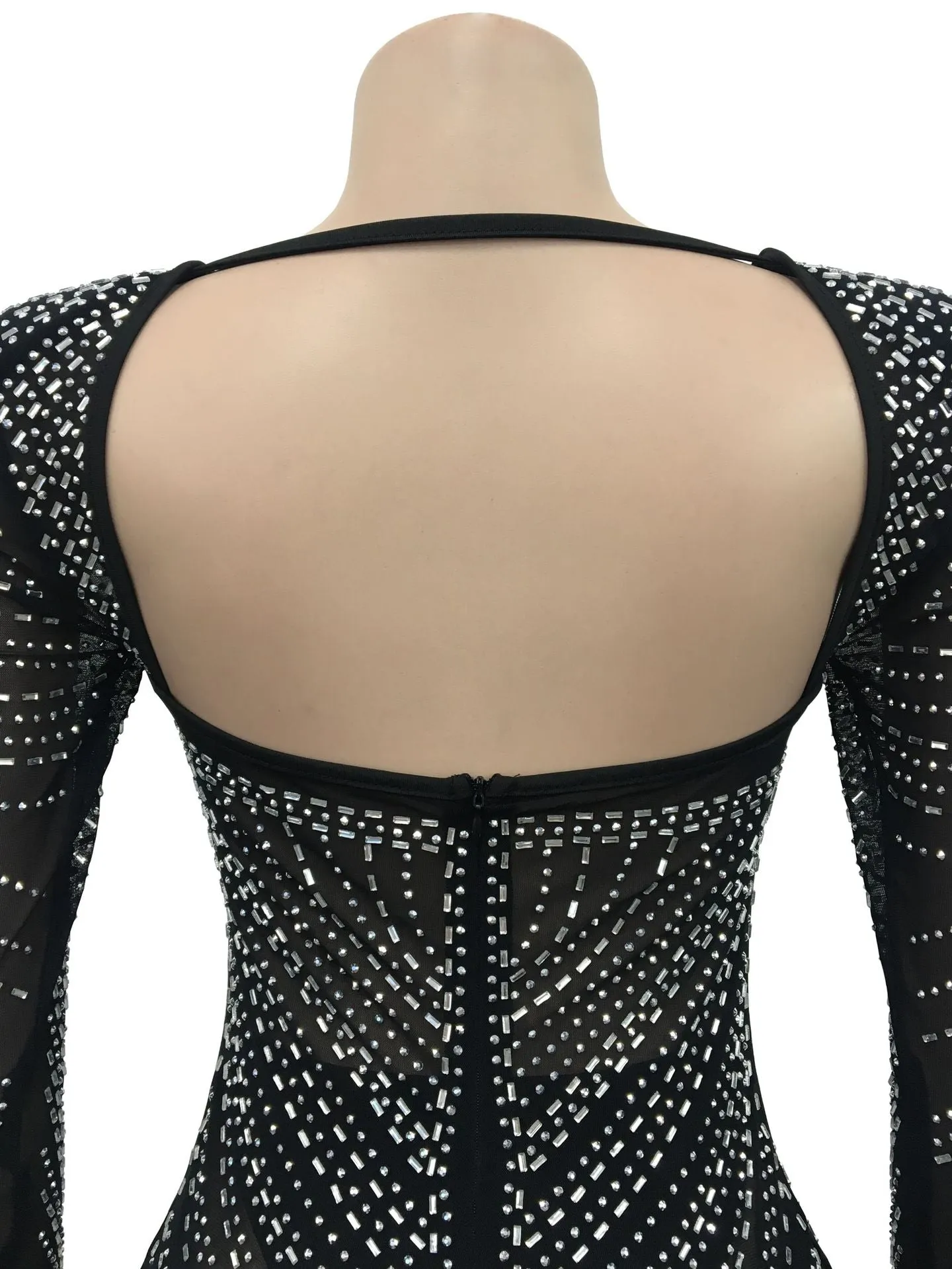 Fashionable Rhinestone Mesh Sheer Long Sleeve Maxi Sparkly Dress