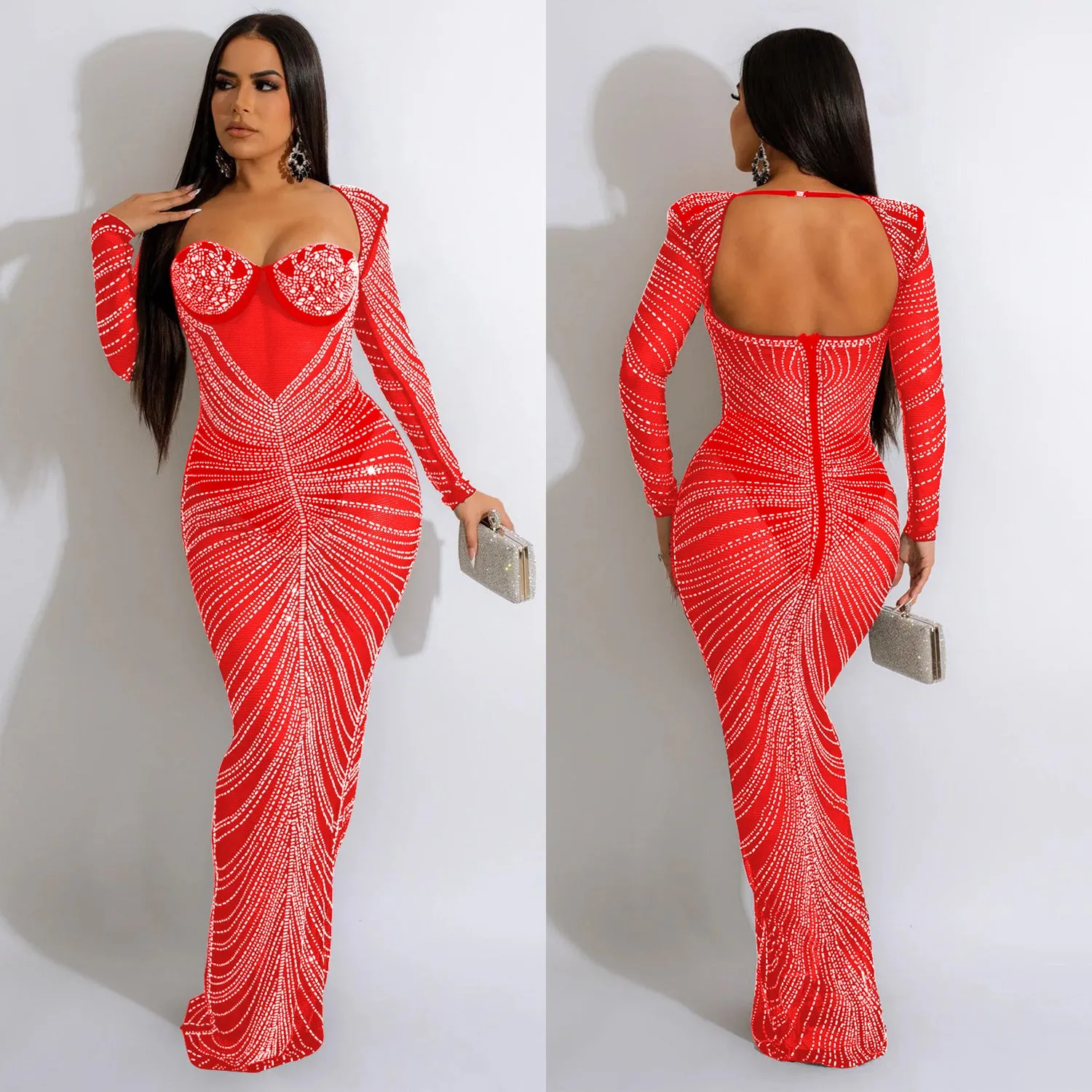 Fashionable Rhinestone Mesh Sheer Long Sleeve Maxi Sparkly Dress